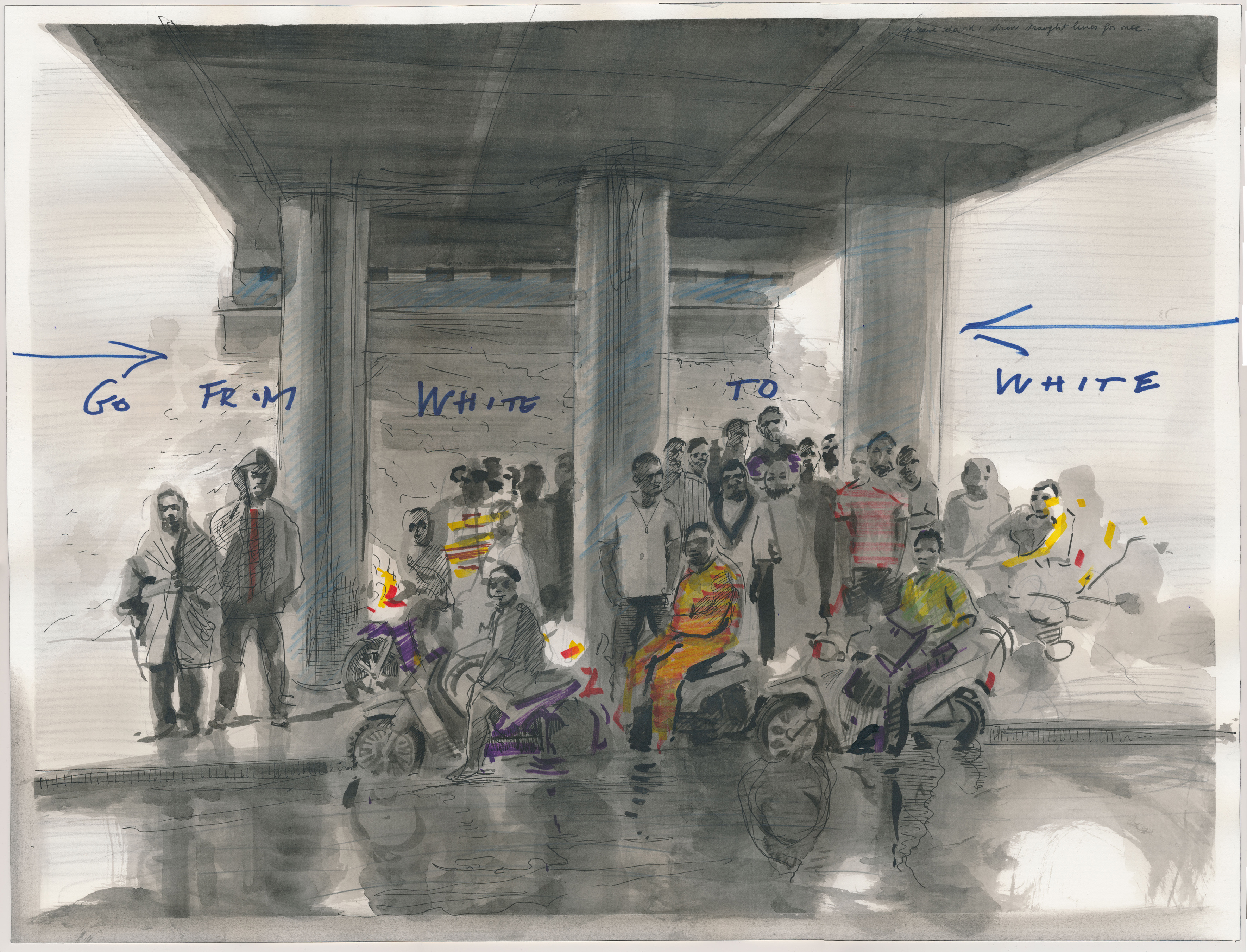Oil Workers (From White to White), 2013, washed ink and felt-tip pen on paper, 46 x 61 cm